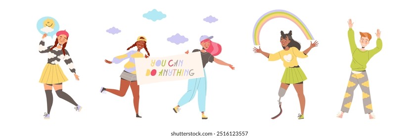 Happy People Characters Sharing Positive Vibes Smiling and Cheering Expressing Good Emotion Vector Set