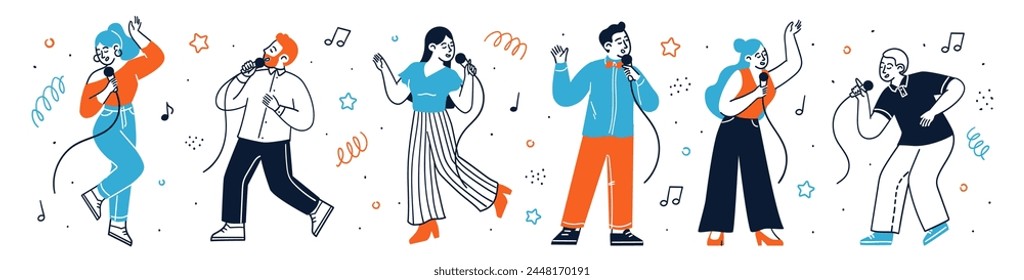 Happy people characters singing song with microphones set