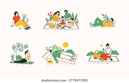 Happy people characters sitting on a grass, family making picnic, chilling in a park or garden. Hand drawn simple contour doodle ink vector illustration. Relax leisure  summer concept, mental health.