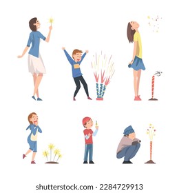 Happy People Characters with Sparklers and Fireworks Celebrating Holiday Vector Set