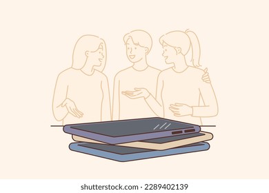 Happy people chatting by putting phones aside while attending quiz party with interesting questions. Mobile phones lie on table away from positive friends enjoying private conversation 