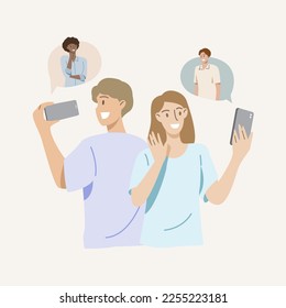Glückliche Leute, die über eine mobile Anwendung chatten.People Character, die Smartphone für Technologie oder Internet-Kommunikationskonzept hält.Vektorgrafik.