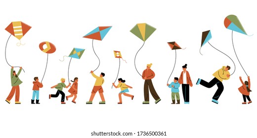 Happy people and children flying kite outdoors vector illustration