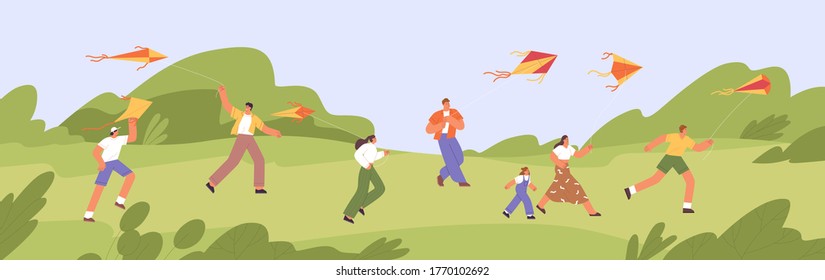 Happy People And Children Run And Fly Colorful Summer Kites In Green Park, Playing In The Wind. Concept Of Freedom And Happiness. Having Fun, Enjoy Life Outdoors In Cartoon Flat Vector Illustration