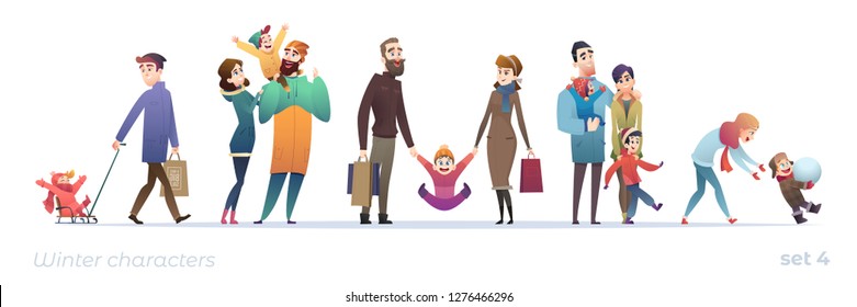 Happy people with children. Set of cartoon characters in flat design. Winter shopping and holidays. Christmas funny families.