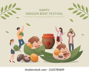 Happy people and Chinese traditional food for Dragon Boat Festival: Zongzi, sticky rice wrapped in bamboo leaves, poster with elements of Dragon Boat Festival, Chinese translation: wine