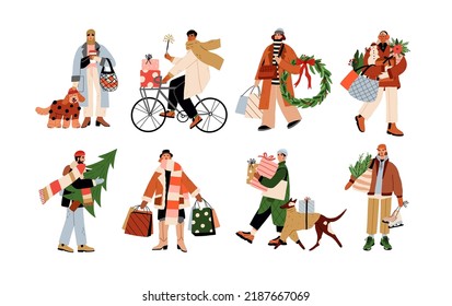 Happy People At Christmas Eve Set. Merry Men And Women Characters Walking With Gift Boxes, Xmas Trees, Shopping Bags On Winter Holiday. Flat Graphic Vector Illustrations Isolated On White Background