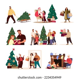 Happy people at Christmas eve set.Men, women characters with gift boxes,Xmas trees,shopping bags on winter holiday.Santa Claus,big family celebrate Christmas.Flat vector illustrations,white background