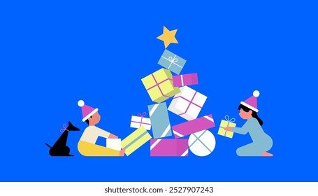 Happy people with Christmas gifts. holding and carrying wrapped New Year present boxes. Giftboxes for winter holidays. Flat vector illustration.