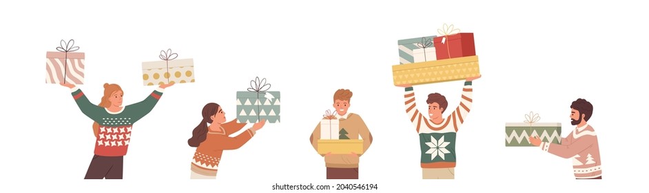 Happy People With Christmas Gifts. Set Of Merry Man And Woman Holding And Carrying Wrapped New Year Present Boxes. Giftboxes For Winter Holidays. Flat Vector Illustration Isolated On White Background