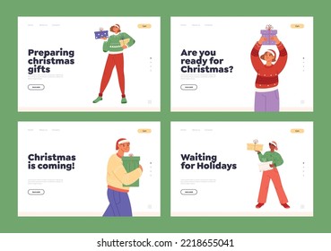 Happy people with Christmas gifts set of landing pages templates. Merry man and woman in santa hats hold wrapped New Year present boxes. Winter holidays preparations. Cartoon flat vector illustration