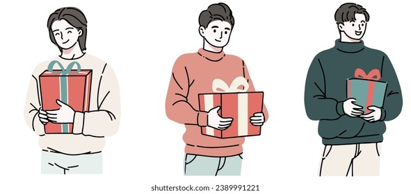 Happy people with Christmas gifts. Set of merry man holding and carrying wrapped New Year present boxes. Giftboxes for winter holidays. Flat vector illustration isolated on white background