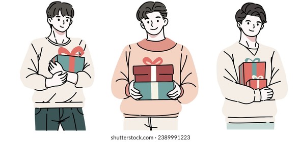Happy people with Christmas gifts. Set of merry man holding and carrying wrapped New Year present boxes. Giftboxes for winter holidays. Flat vector illustration isolated on white background