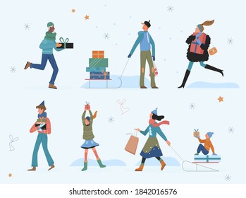 Happy people with Christmas gifts vector illustration. Cartoon woman man and kid characters walking, holding presents from shop or store winter sales for celebrating merry Christmas, trendy background