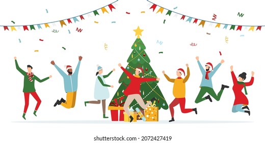 Happy people at a Christmas and New Year's corporate party. Positive men and women dancing and having fun. Set of modern vector characters.