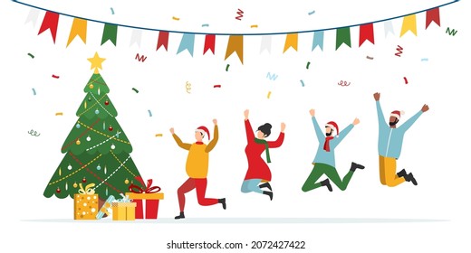 Happy people at a Christmas and New Year's corporate party. Positive men and women dancing and having fun. Set of modern vector characters.