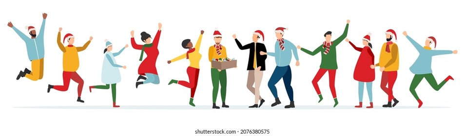 Happy people at a Christmas and New Year's corporate party. Positive men and women dancing and having fun. Set of modern vector characters.