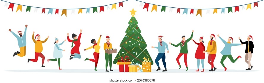 Happy people at a Christmas and New Year's corporate party. Positive men and women dancing and having fun. Set of modern vector characters.