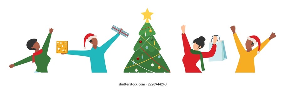 Happy people at a Christmas and New Year's corporate party. Positive men and women dancing and having fun. Set of modern vector characters.