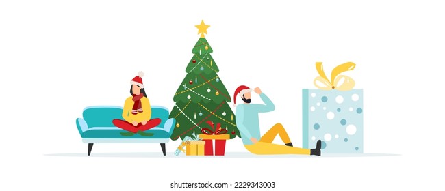 Happy people at a Christmas and New Year's corporate party. Positive men and women dancing and having fun. Set of modern vector characters.