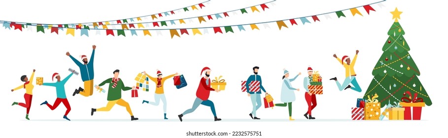 Happy people at a Christmas and New Year's corporate party. Positive men and women dancing and having fun. Set of modern vector characters.