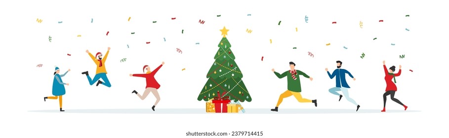 Happy people at a Christmas and New Year's corporate party. Positive men and women dancing and having fun. Set of modern vector characters.