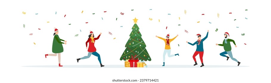 Happy people at a Christmas and New Year's corporate party. Positive men and women dancing and having fun. Set of modern vector characters.
