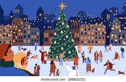 Happy people at Christmas night in town. Merry crowd have fun near Xmas tree at European city street on winter holidays. Families, couples and kids at New Year eve. Colored flat vector illustration