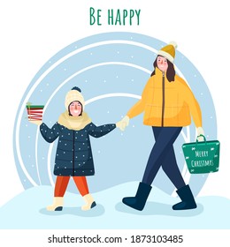 Happy people. Christmas party. Flat christmas card. Holiday winter design. Vector flat design. Christmas background.