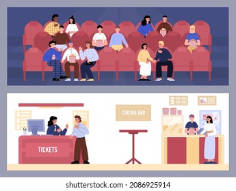 Happy People In Cinema Theatre Watching Movie. Couple and Friends Buying Tickets And Popcorn, And Sitting On Their Red Seats To Watch A Movie. Cartoon Vector Concept.