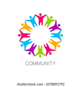 Happy people in circle shape.  Concept for teamwork, business training, partnership, social network, community. Vector logo design template.