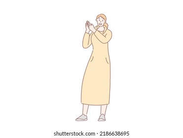 Happy people clap with hands   female grateful characters greeting, cute  woman smiling isolated on white. Appreciation, praise, enthusiasm concept illustrator cartoon vector