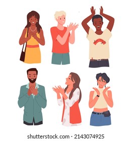 La gente feliz aplaude con la ilustración vectorial de las manos. Caricatura de personajes agradecidos de hombres y mujeres saludando, hombre y mujer lindos sonriendo aislados en blanco. Apreciación, elogio, concepto de entusiasmo