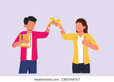 Happy people clinking glasses and drinking at celebratory party. Friends concept. Colored flat vector illustration isolated.