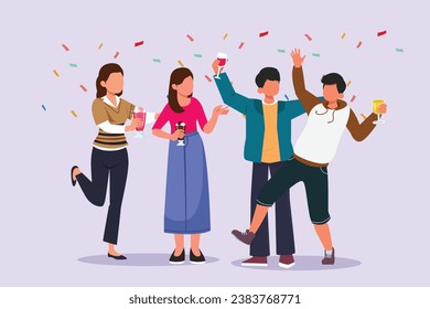 Happy people clinking glasses and drinking at celebratory party. Friends concept. Colored flat vector illustration isolated.