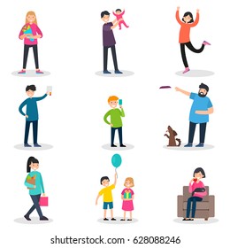 Happy people collection with men women children in different funny and enjoyable situations isolated vector illustration