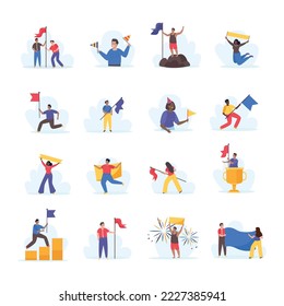 Happy people with colorful flags and placards flat icons set isolated vector illustration
