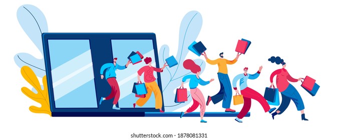 Happy people come out with purchases from an online store on a laptop. Concept of a vector illustration in a flat style on the theme of opening an online store.