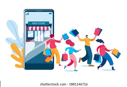 Happy people come out with purchases from an online store on a smartphone. Concept of a vector illustration in a flat style on the theme of opening an online store.