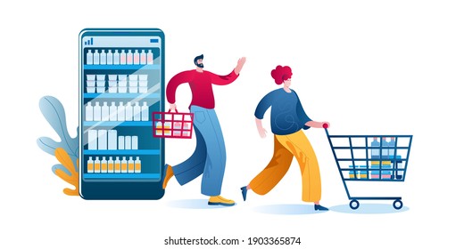 Happy people come out with purchases from an online supermarket on a smartphone. Concept of a vector illustration in a flat style on the theme of opening an online supermarket.