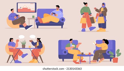 Happy people communication, friends meeting, hobby, diversity spare time. Young men and women playing video games at home, shopping together, chatting in cafe, playing board games, Line art vector set