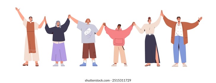 Happy people community, group holding hands together, standing with arms raised up, connected in unity. Peaceful society, togetherness concept. Flat vector illustration isolated on white background