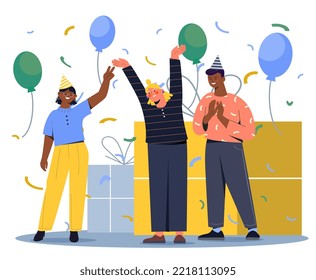 Happy people concept. Man and woman standing next to balloons, confetti and present. Event and entertainment, party and disco. Holiday and festival. Poster or banner. Cartoon flat vector illustration