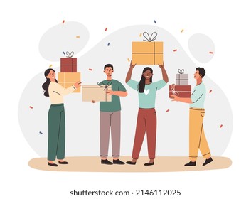 Happy people concept. Men and girls with boxes, gifts and surprises. Special offers and modern marketing methods, characters in store. Birthday party with confetti. Cartoon flat vector illustration