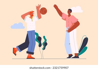 Happy people concept with people scene in the flat cartoon design. Two friends play volleyball while having fun. Vector illustration.