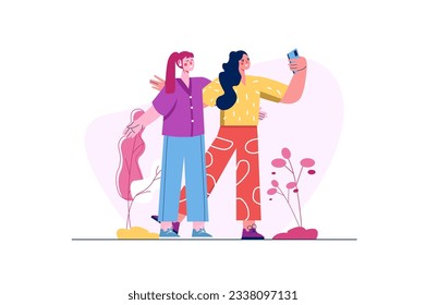 Happy people concept with people scene in the flat cartoon design. Two friends have fun together. Vector illustration.