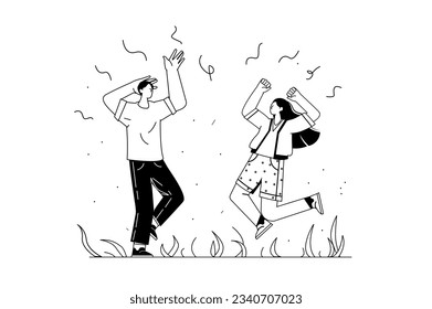 Happy people concept with people scene in the flat line cartoon style. Young couple having fun together. Vector illustration.