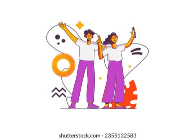 Happy people concept with people scene in the flat cartoon style. Friends met together, take pictures and have fun. Vector illustration.