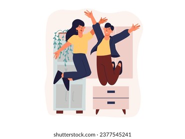 Happy people concept with people scene in the flat cartoon style. Friends are having fun, jumping and fooling around. Vector illustration.