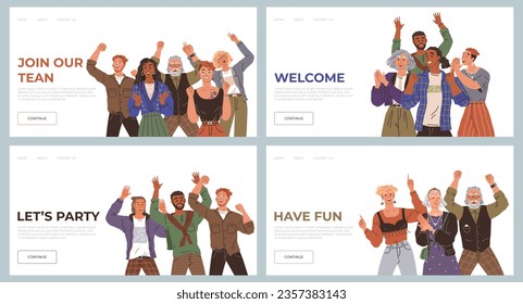 Happy people concept. Vector illustration Good teamwork friendship results in harmonious community Celebrating people take selfies capture moment Happy crowd fills arenfor much-anticipated event